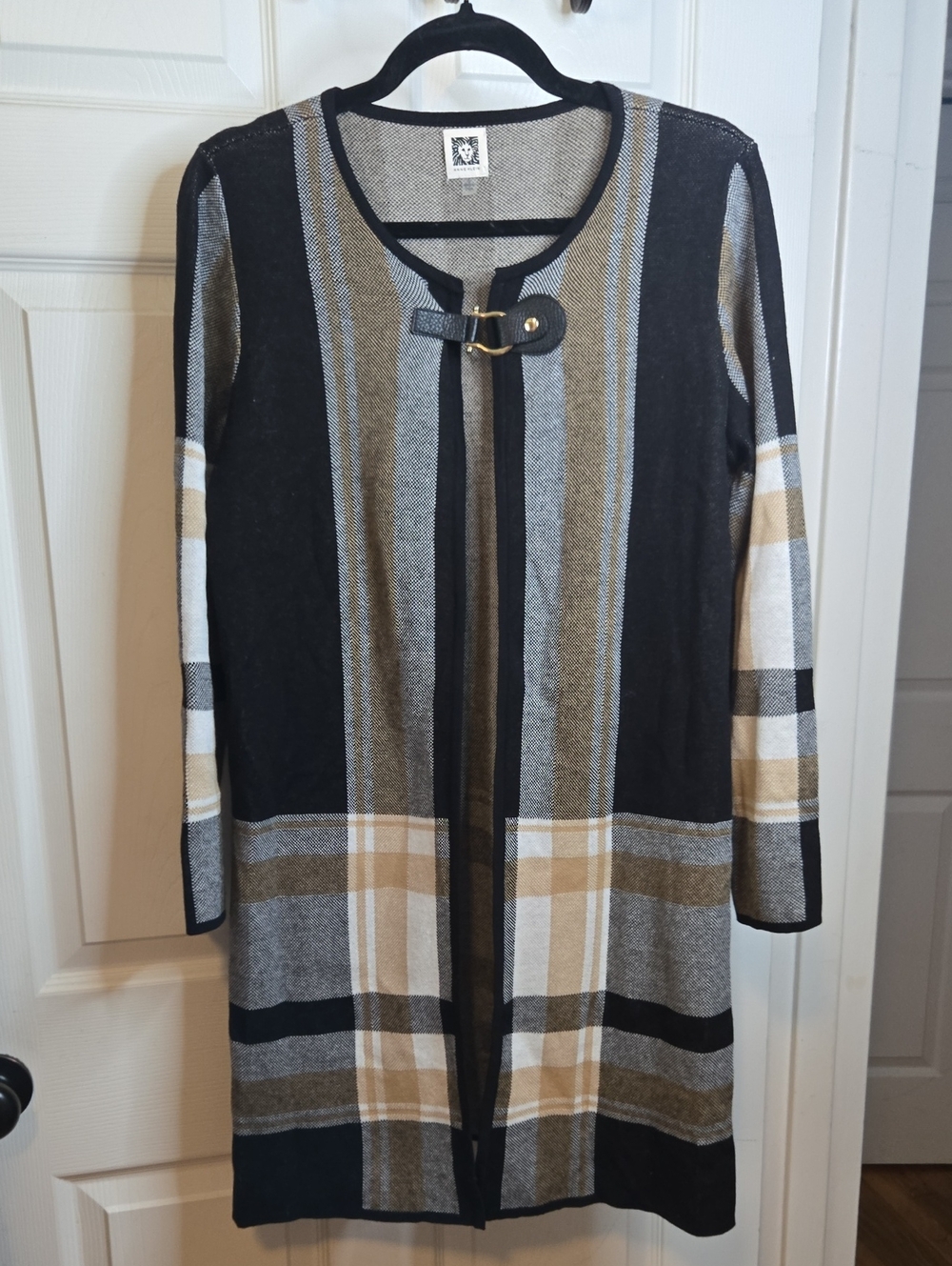 Anne Klein Black, Tan and Gray Striped Long Sleeve Cardigan